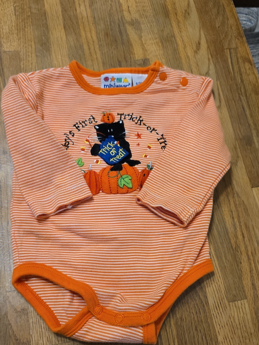 miniwear Orange & White Striped Halloween Bodysuit with Black Cat